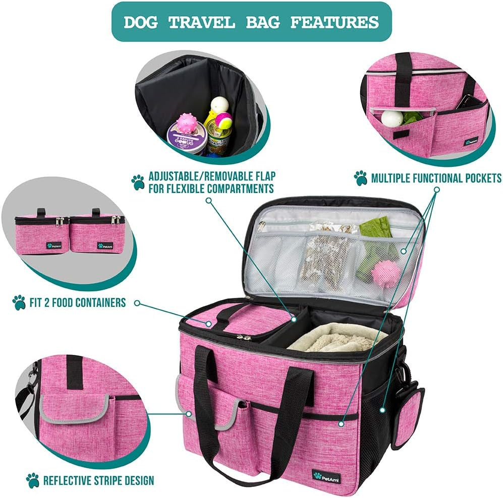 Dog Travel Bag | Airline Approved Tote Organizer with Multi-Function Pockets, Food Container Bag and Collapsible Bowl | Perfect Weekend Pet Travel Set for Dog, Cat
